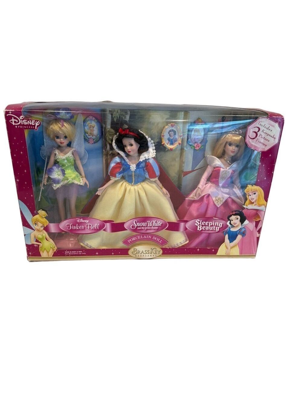 Disney Princess Brass Key Keepsakes 3 Porcelain Doll Tinkerbell SnowWhite Aurora